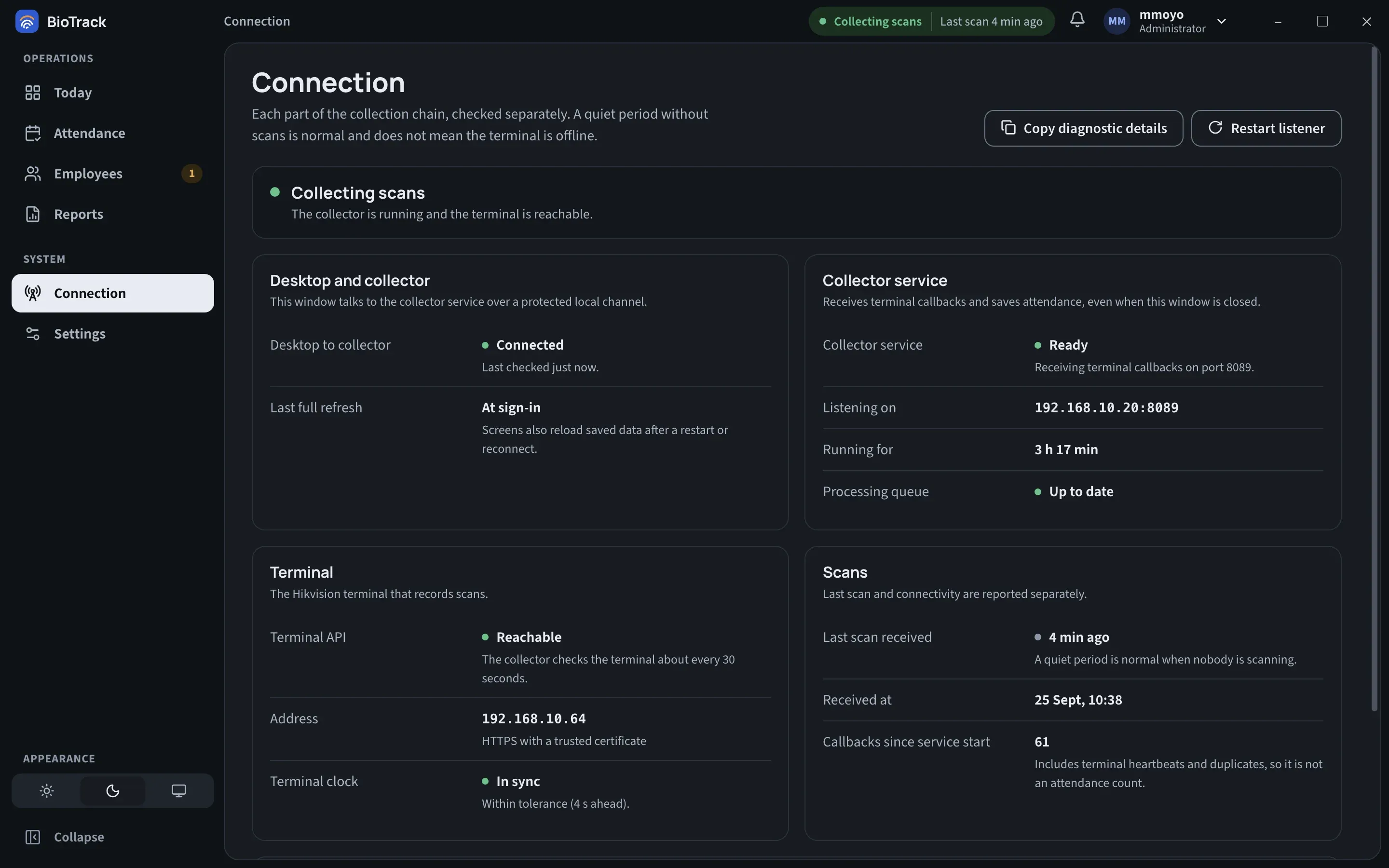 The Connection page with the summary Collecting scans and panels for Desktop and collector, Collector service, Terminal and Scans, all healthy.