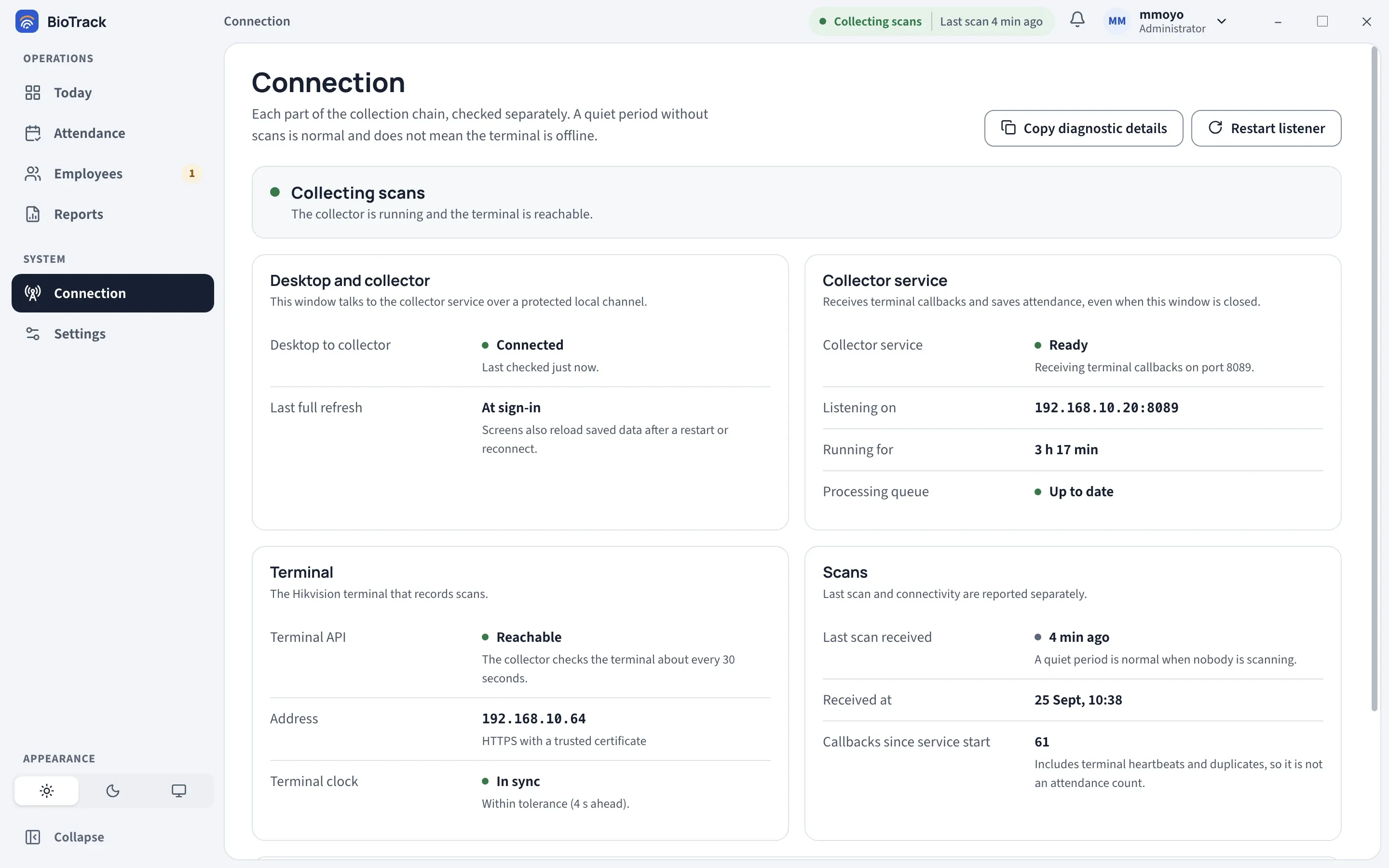 The Connection page with the summary Collecting scans and panels for Desktop and collector, Collector service, Terminal and Scans, all healthy.