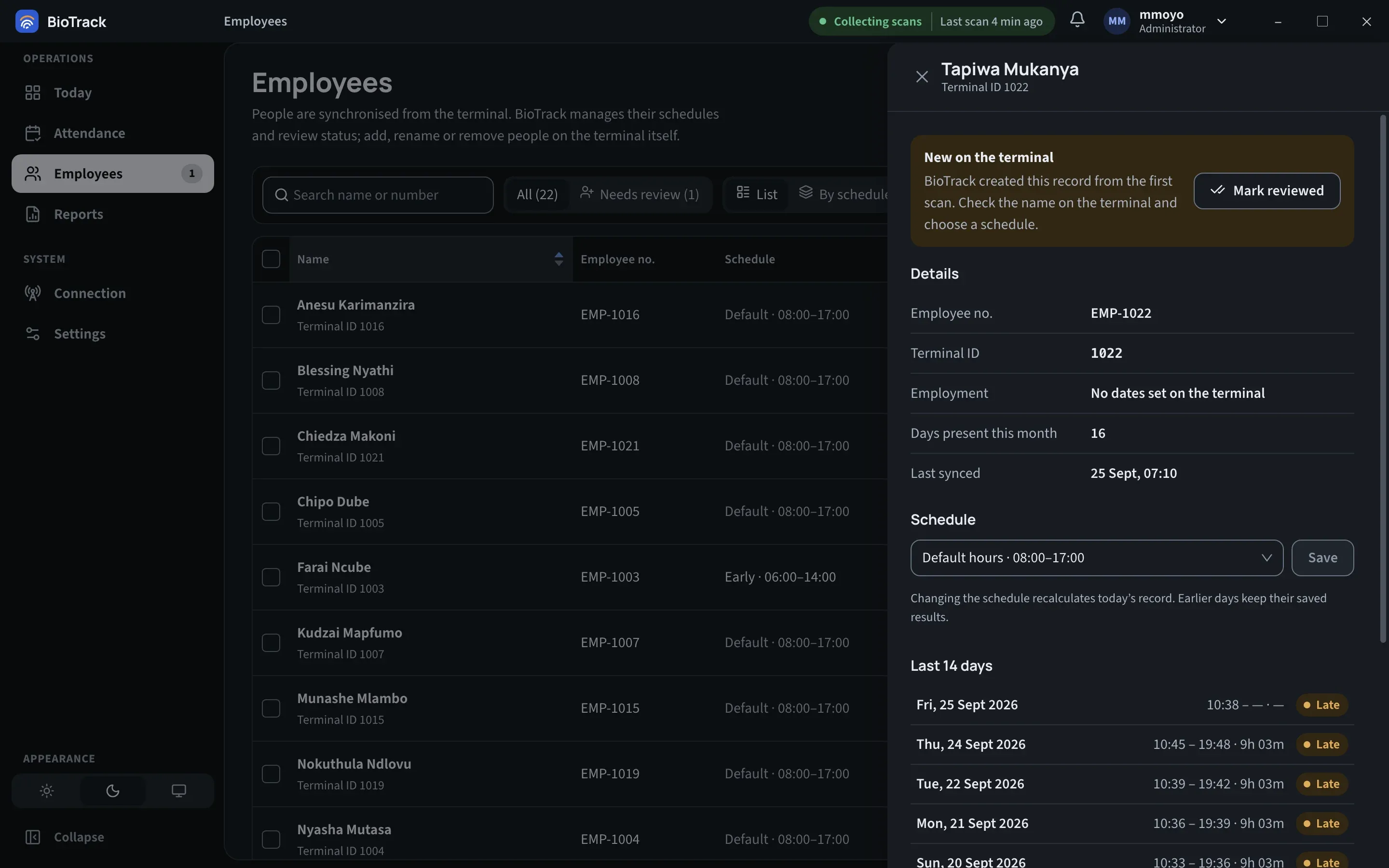 The employee panel showing details, a schedule selector with a Save button and a list of the last 14 days of attendance.