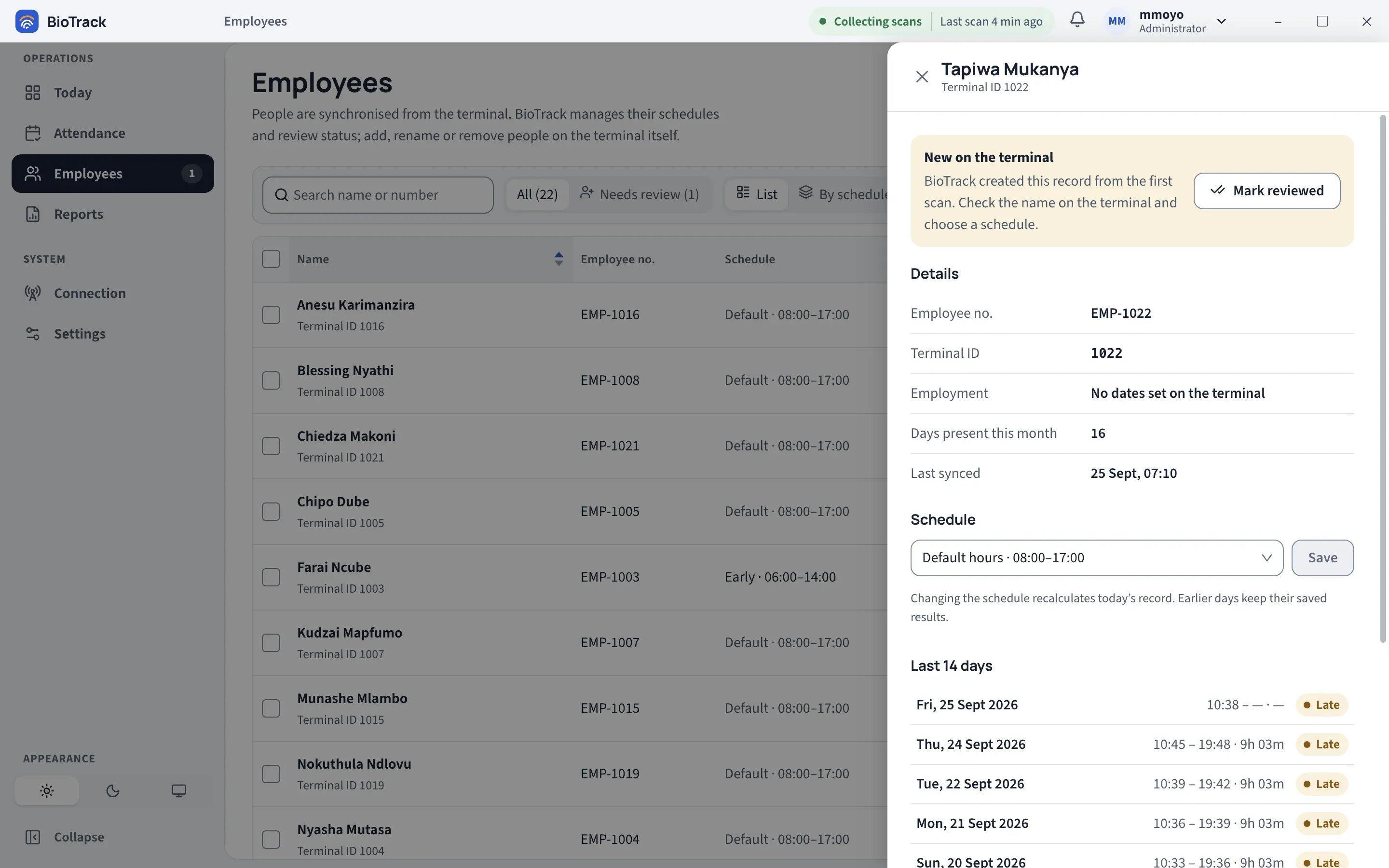 The employee panel showing details, a schedule selector with a Save button and a list of the last 14 days of attendance.