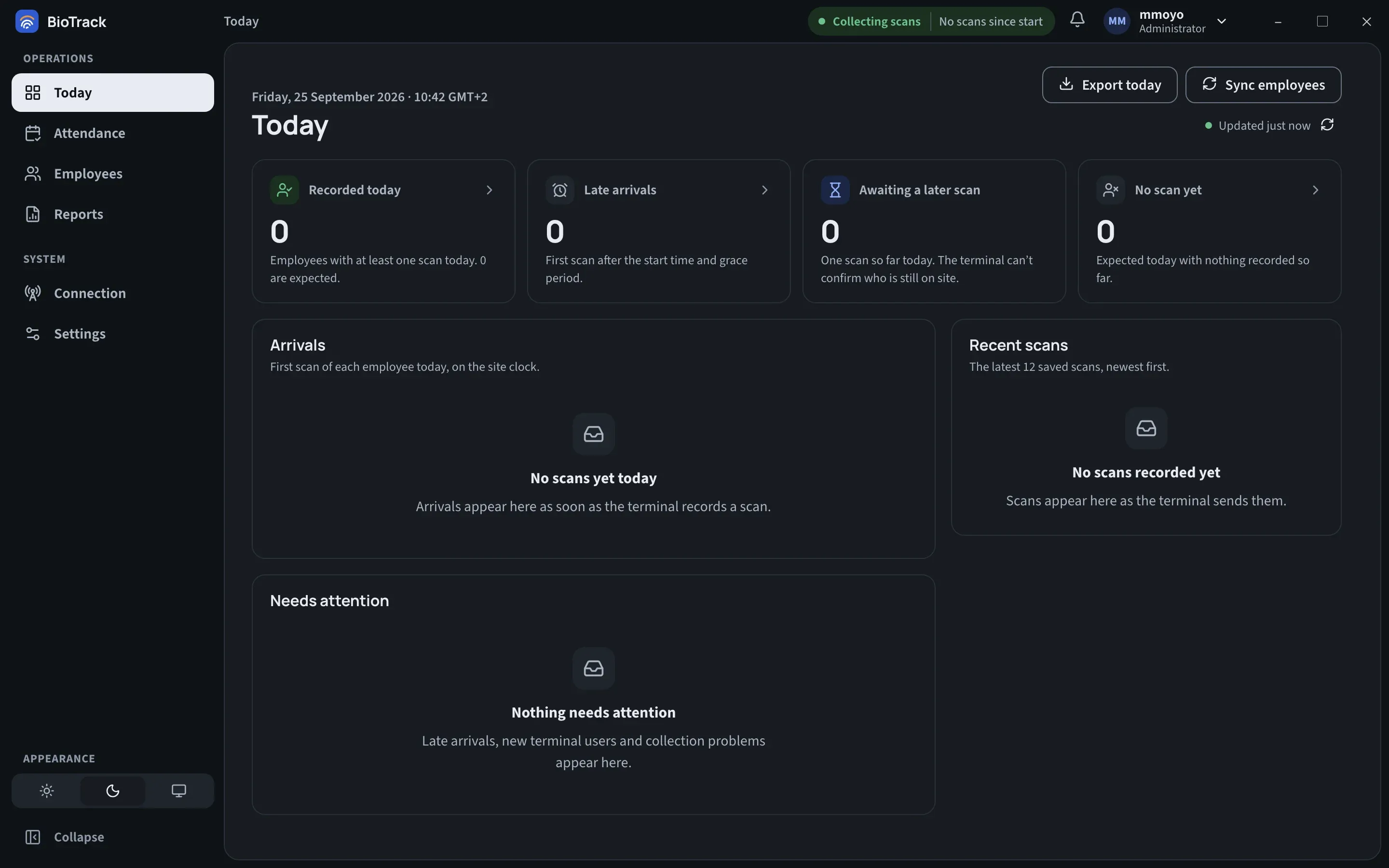 The Today page on a fresh installation, with all cards at zero and empty Arrivals, Recent scans and Needs attention panels.