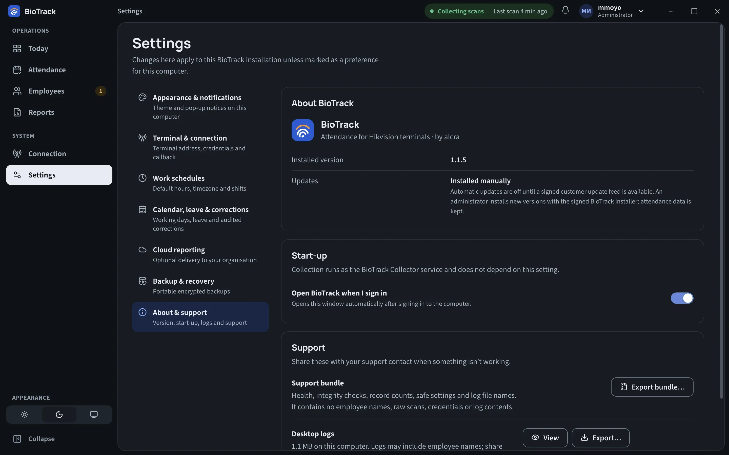 Settings, About and support: the installed version and update status, the Open BioTrack when I sign in switch, and the Support group with the support bundle and desktop logs.