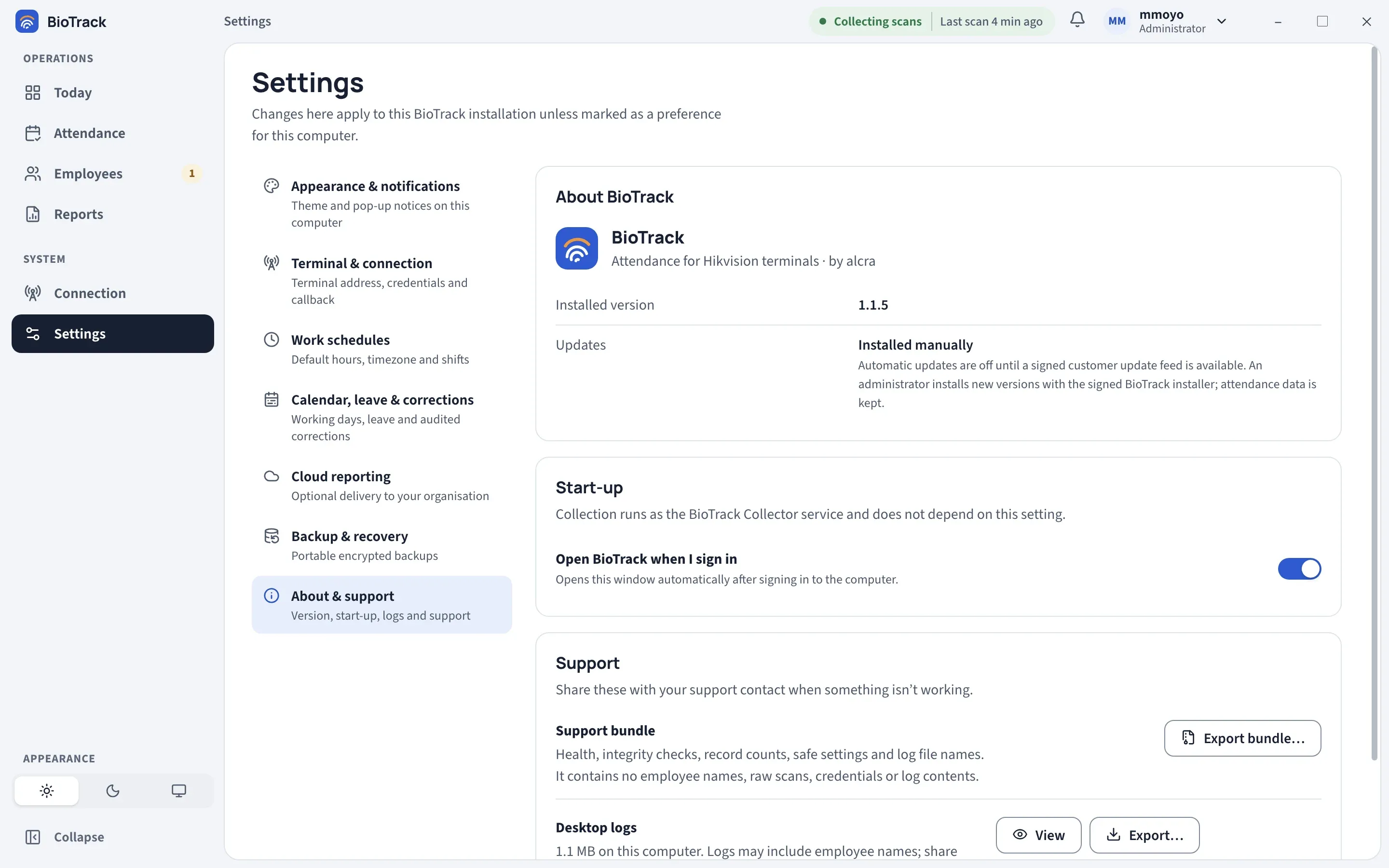 Settings, About and support: the installed version and update status, the Open BioTrack when I sign in switch, and the Support group with the support bundle and desktop logs.