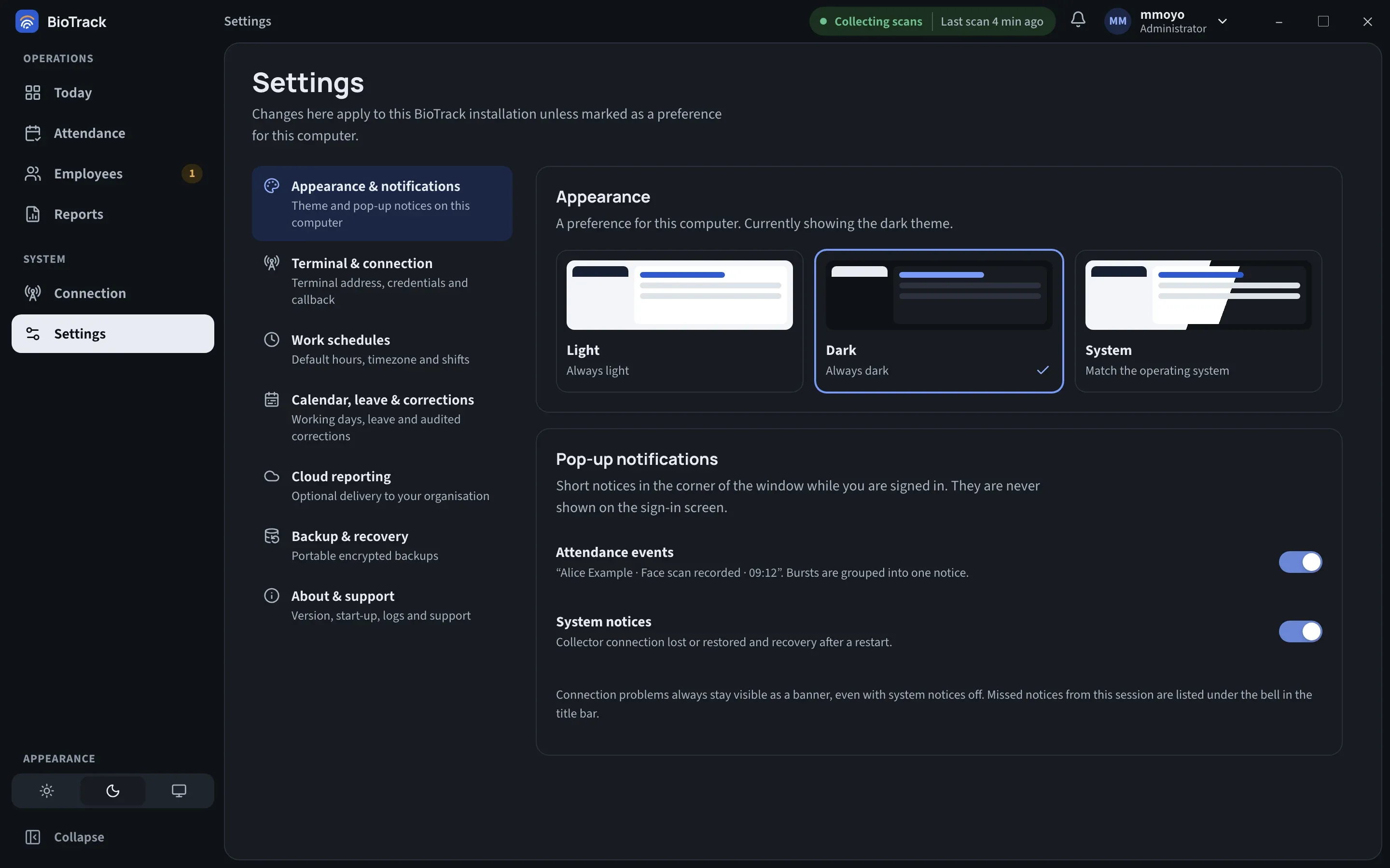Settings, Appearance and notifications: three theme options (Light, Dark, System) and switches for attendance events and system notices.