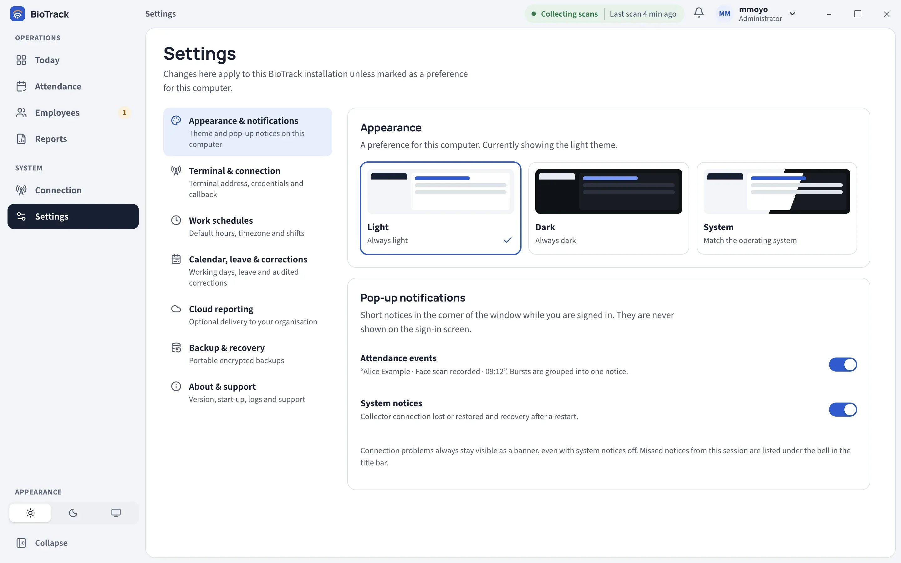 Settings, Appearance and notifications: three theme options (Light, Dark, System) and switches for attendance events and system notices.