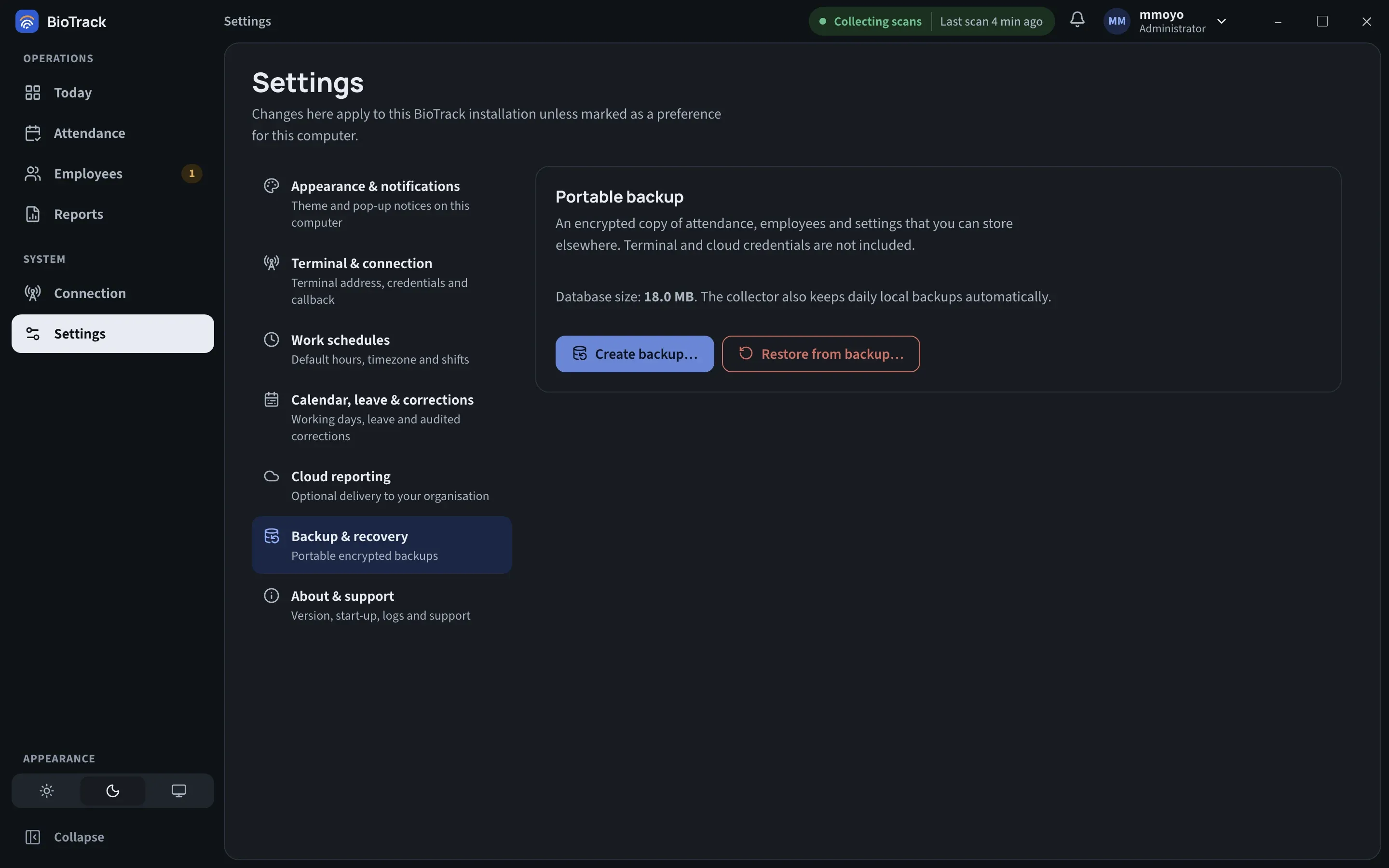 Settings, Backup and recovery: the Portable backup group with the database size and the Create backup and Restore from backup buttons.