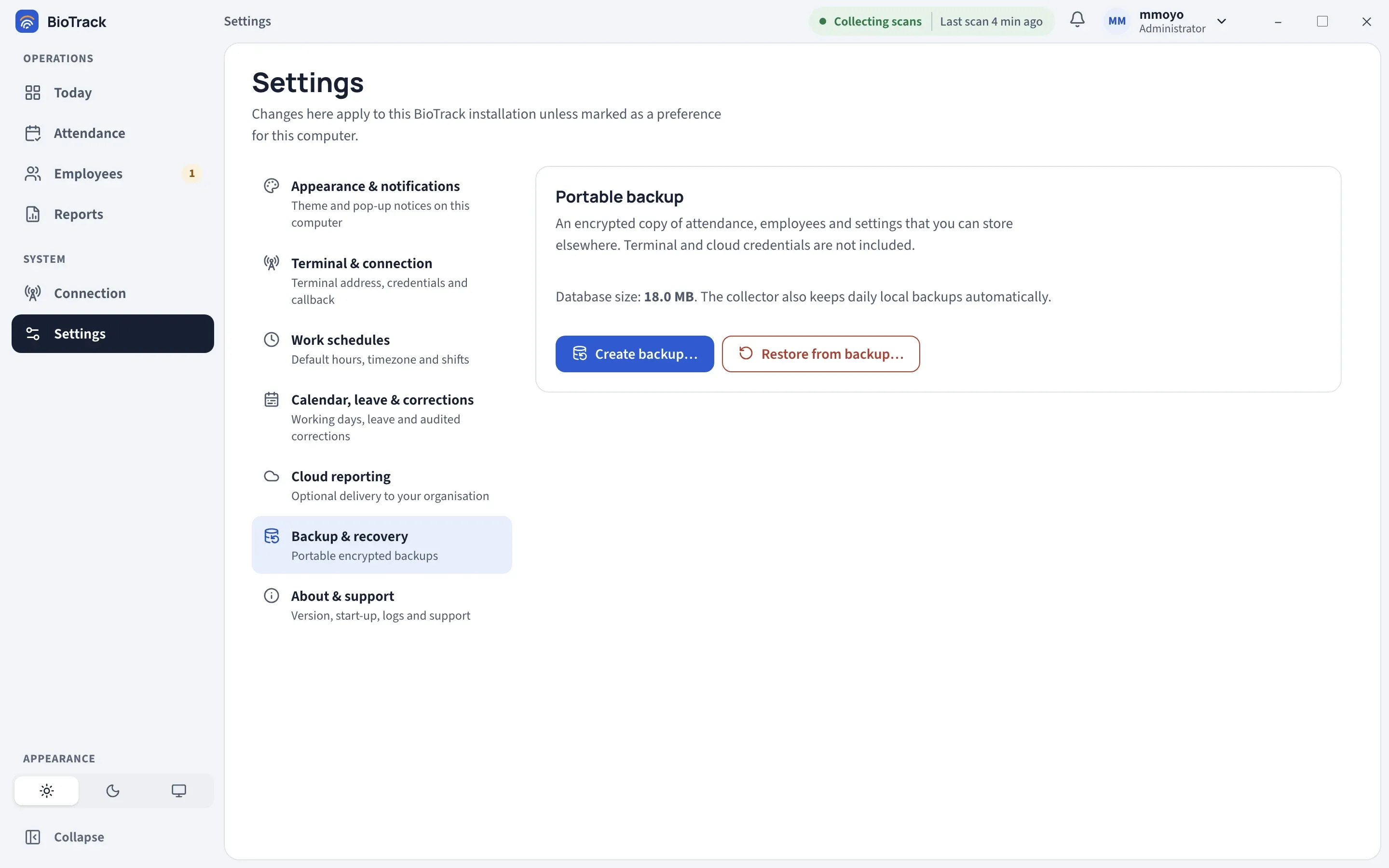 Settings, Backup and recovery: the Portable backup group with the database size and the Create backup and Restore from backup buttons.