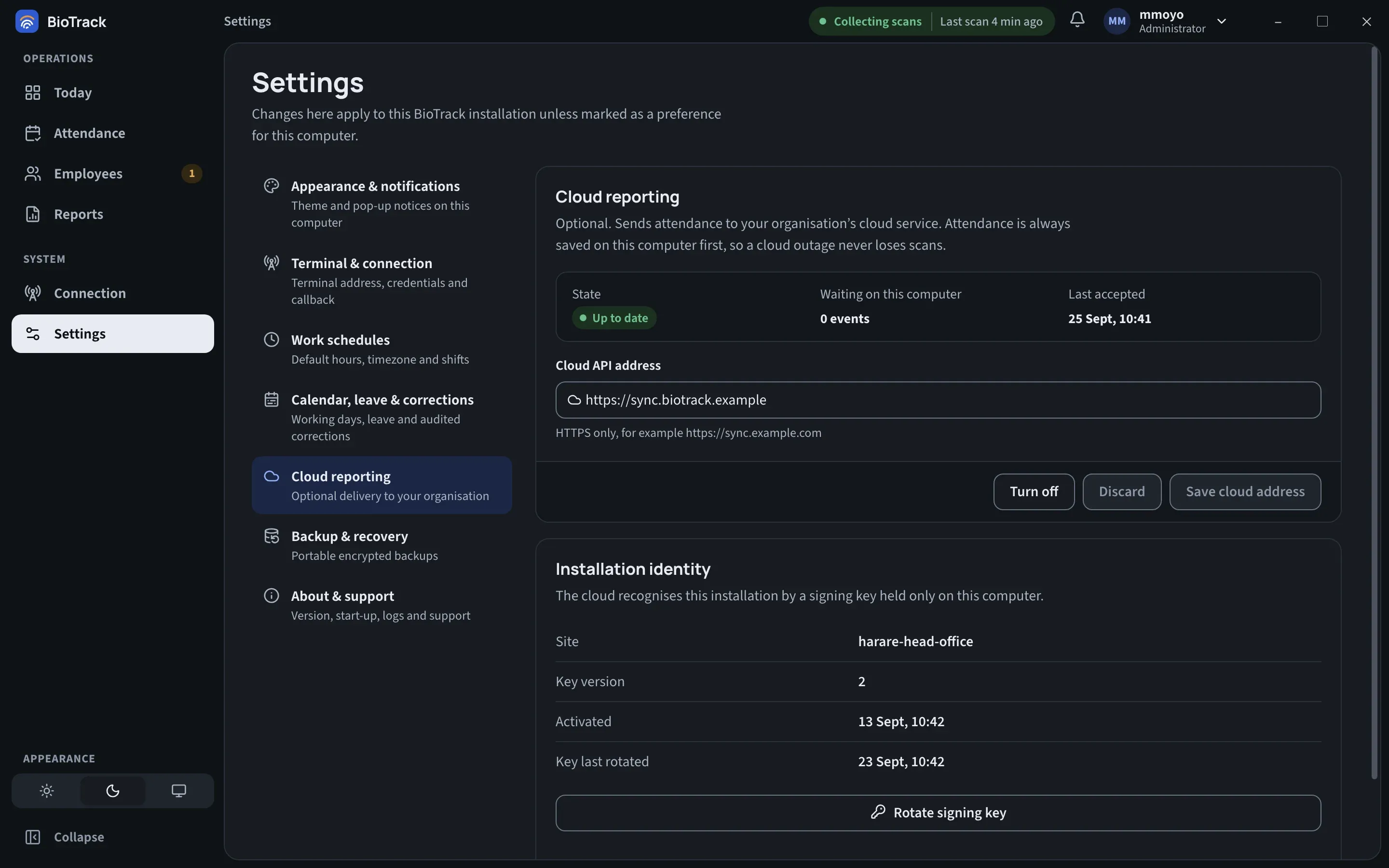 BioTrack’s Cloud reporting settings: state Up to date, 0 events waiting on this computer, last accepted 25 Sept 10:41, and the installation identity with its site, key version and activation date.