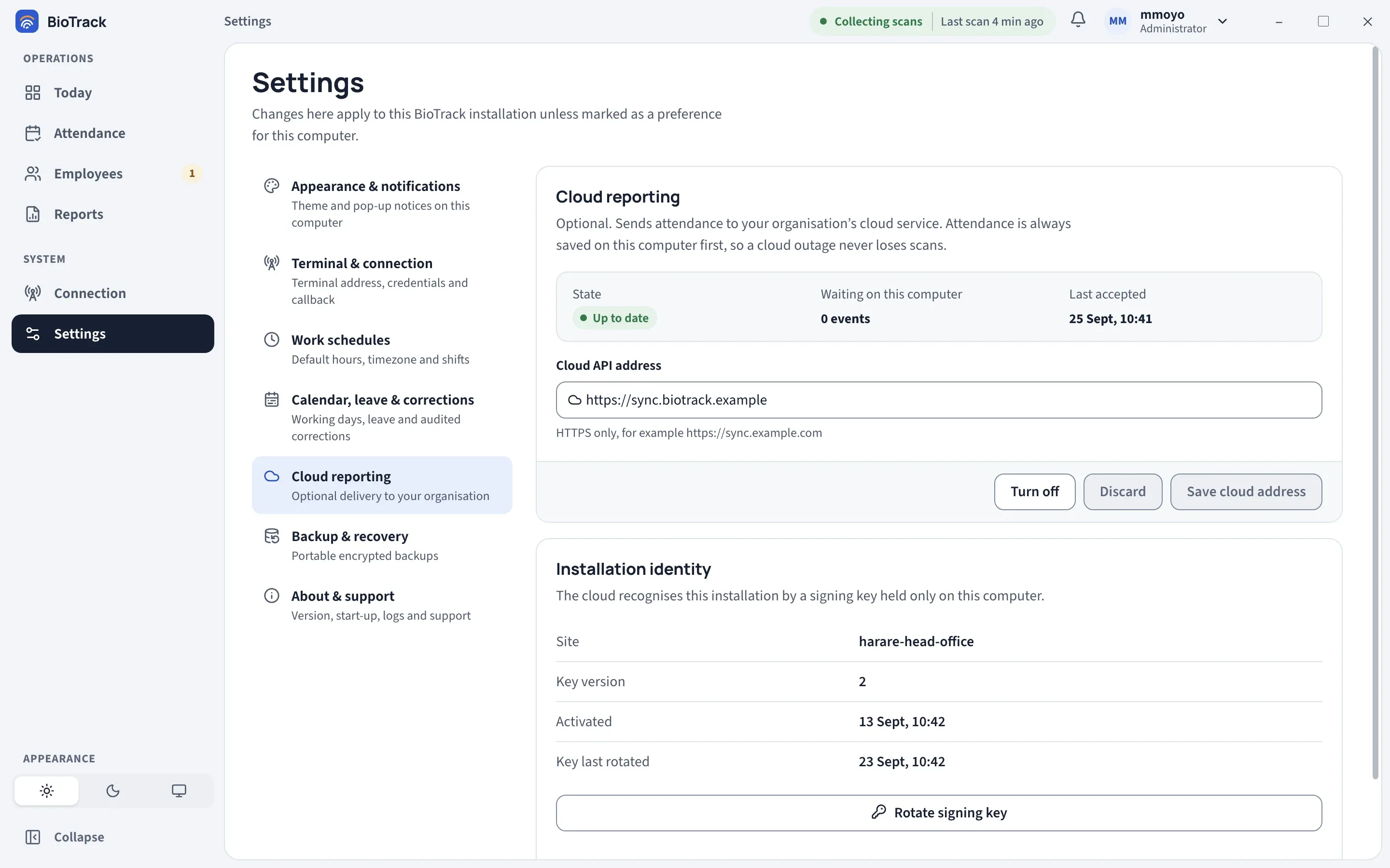 Settings, Cloud reporting section showing state Up to date, 0 events waiting, a last accepted time, the saved cloud address, and the Installation identity section with Site, Key version, Activated, Key last rotated and a Rotate signing key button.