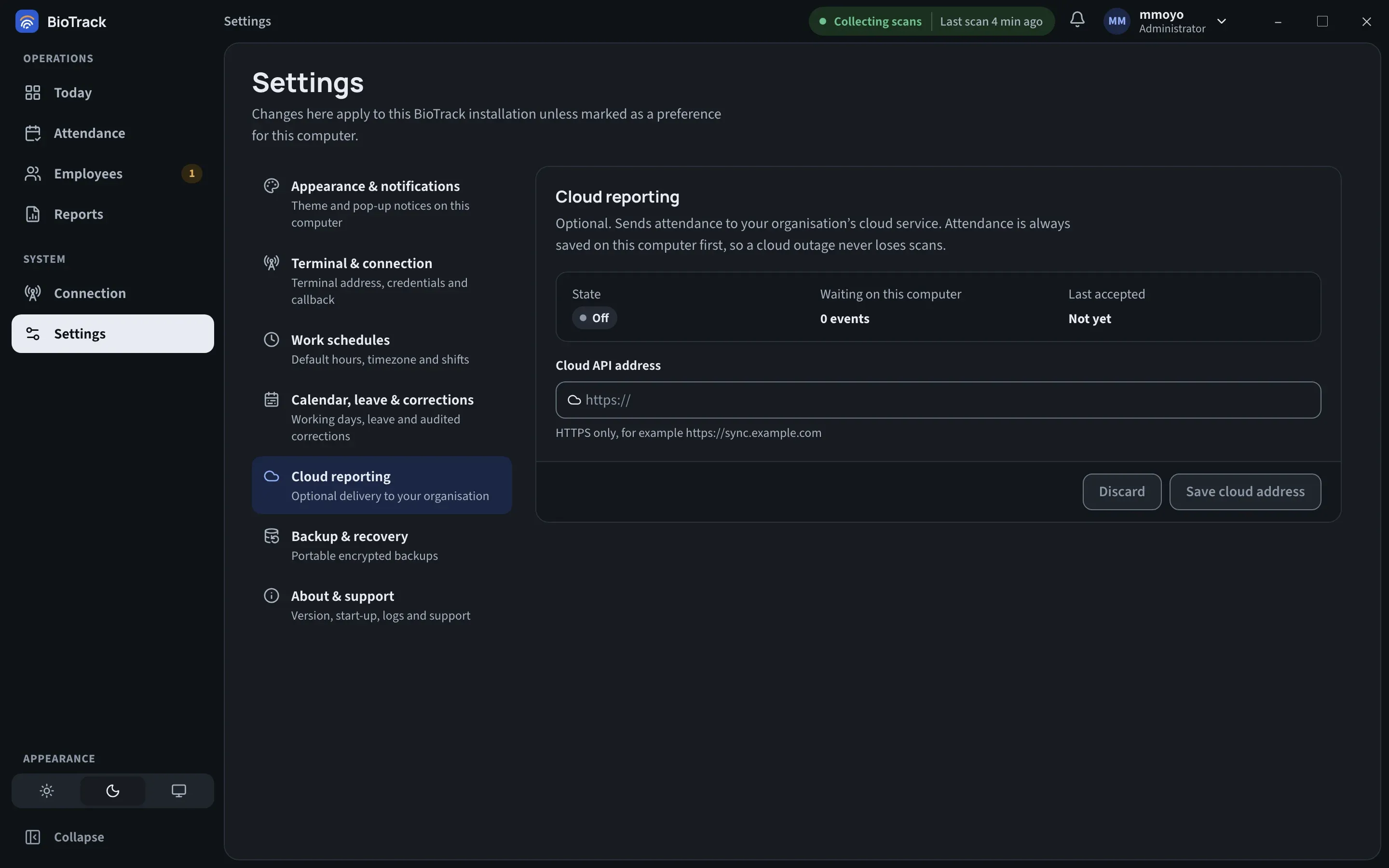 Settings, Cloud reporting section with state Off, 0 events waiting, Last accepted Not yet, an empty Cloud API address field and the Save cloud address button.