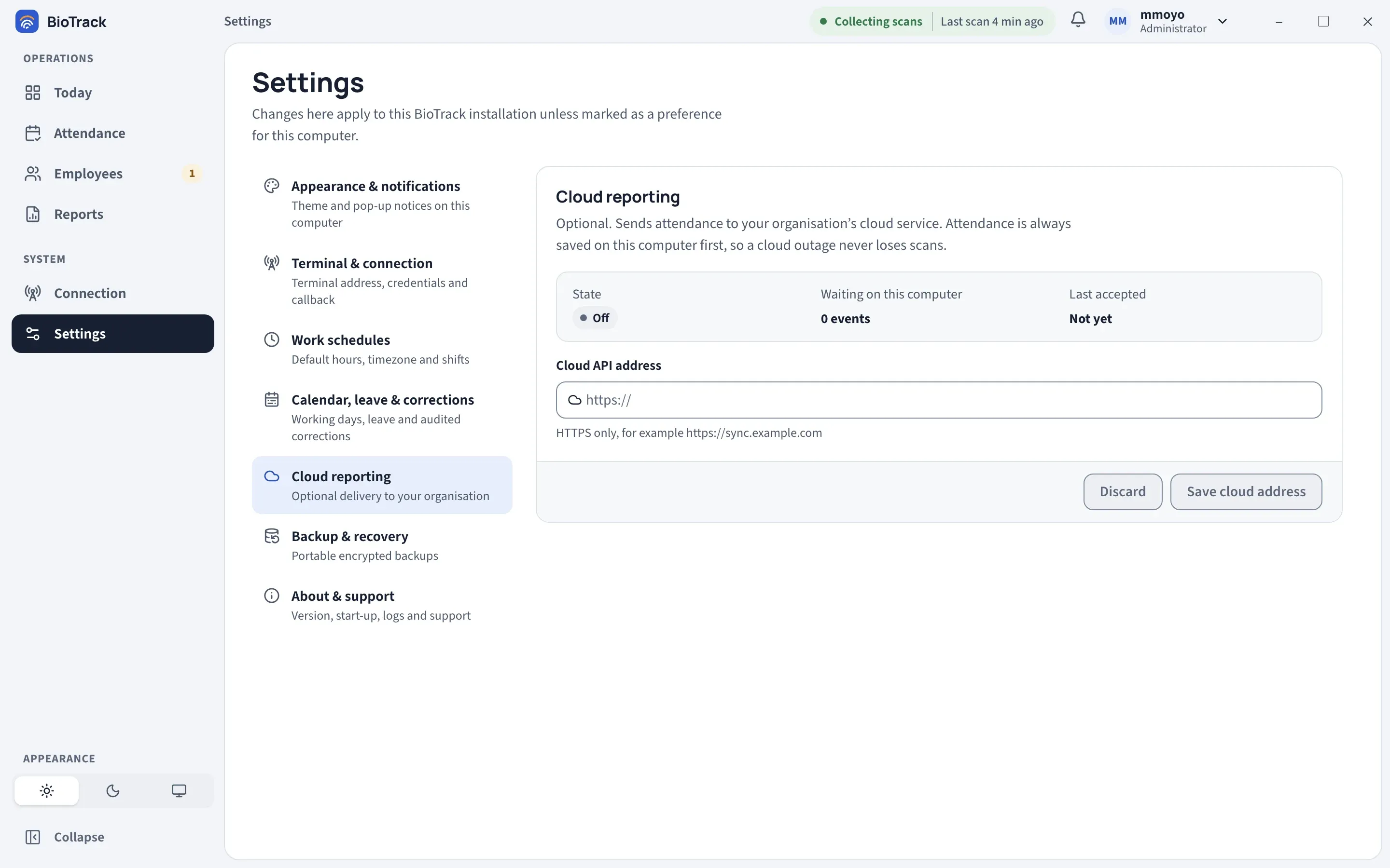 Settings, Cloud reporting section with state Off, 0 events waiting, Last accepted Not yet, an empty Cloud API address field and the Save cloud address button.