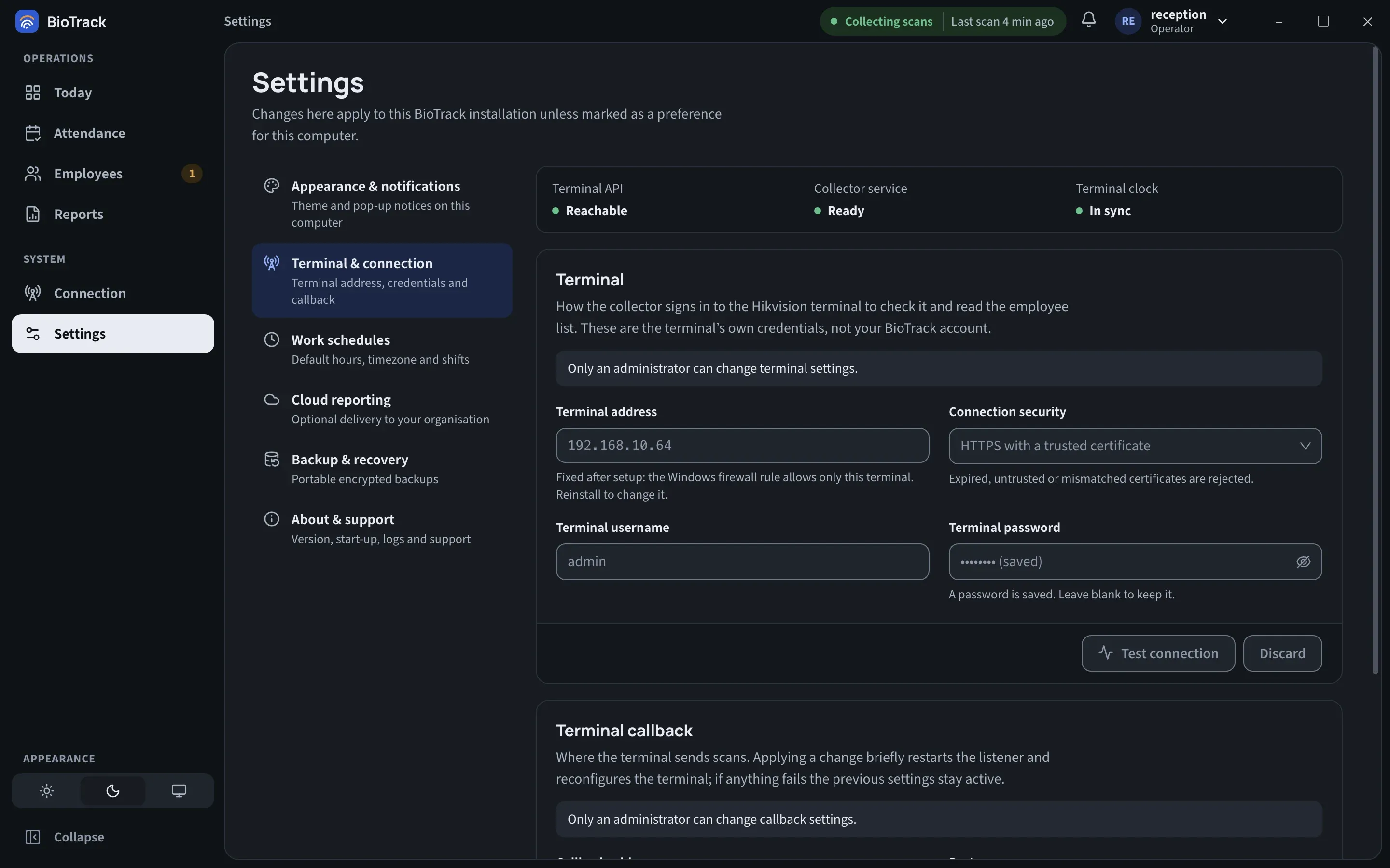 Settings, Terminal and connection, as seen by an Operator: the terminal fields are read-only with the note Only an administrator can change terminal settings.