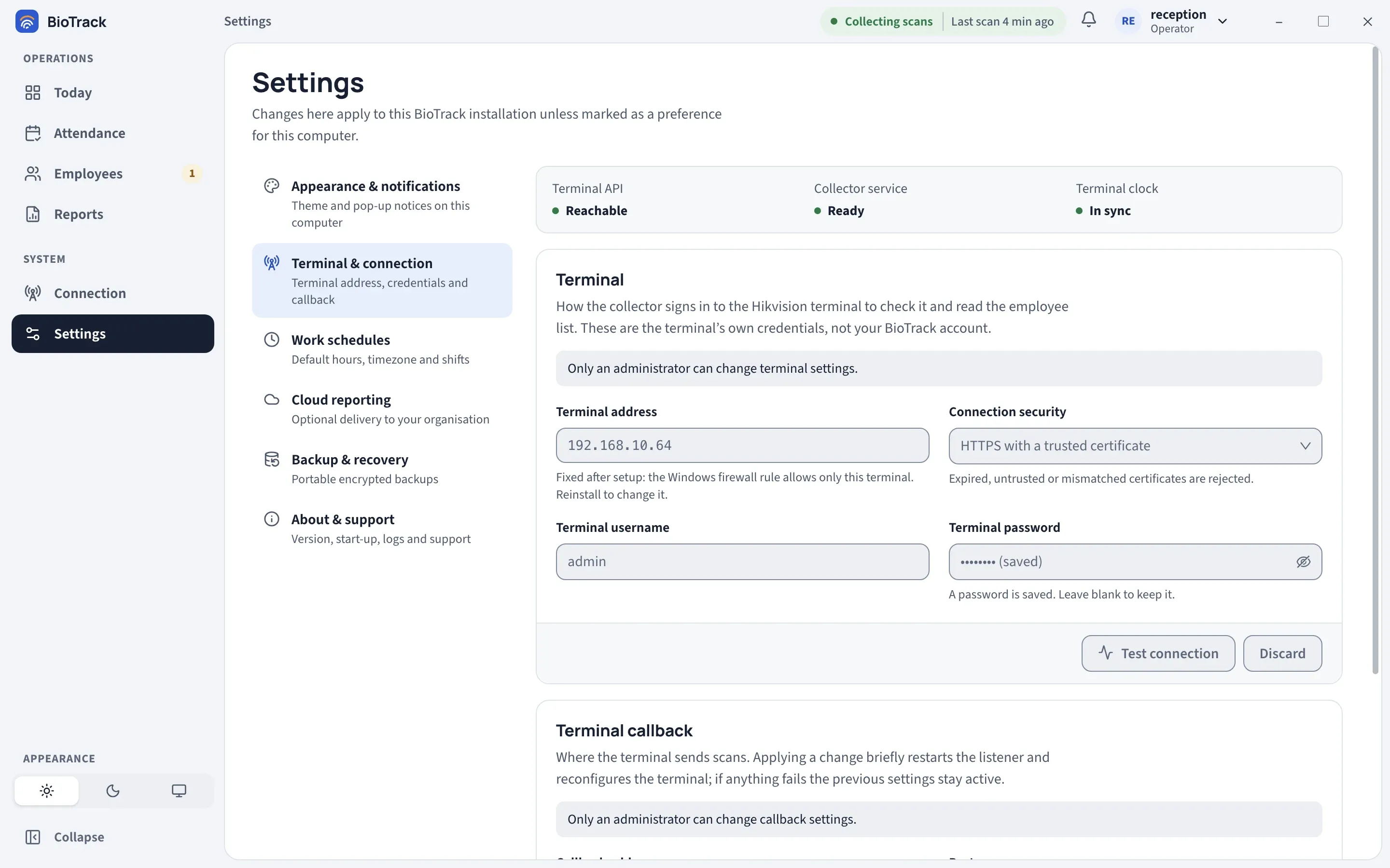 Settings, Terminal and connection, as seen by an Operator: the terminal fields are read-only with the note Only an administrator can change terminal settings.
