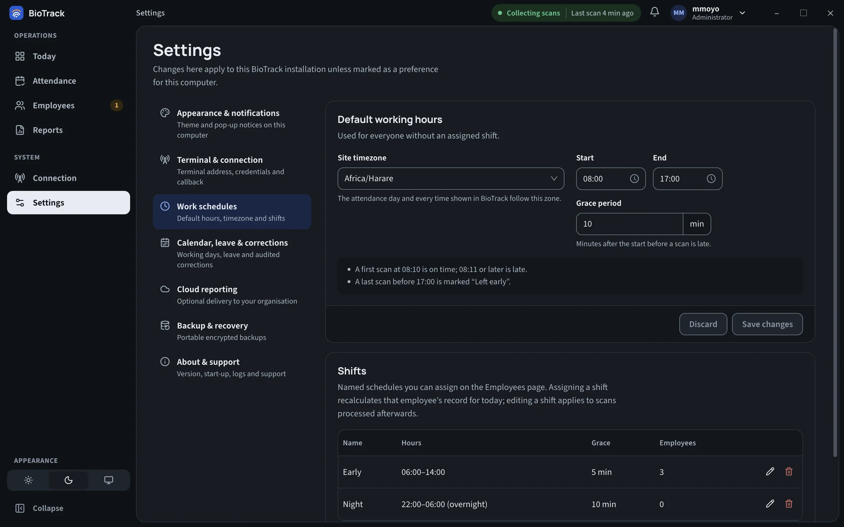 Settings, Work schedules: site timezone, start and end times, a 10-minute grace period with plain-language examples, and a list of shifts.