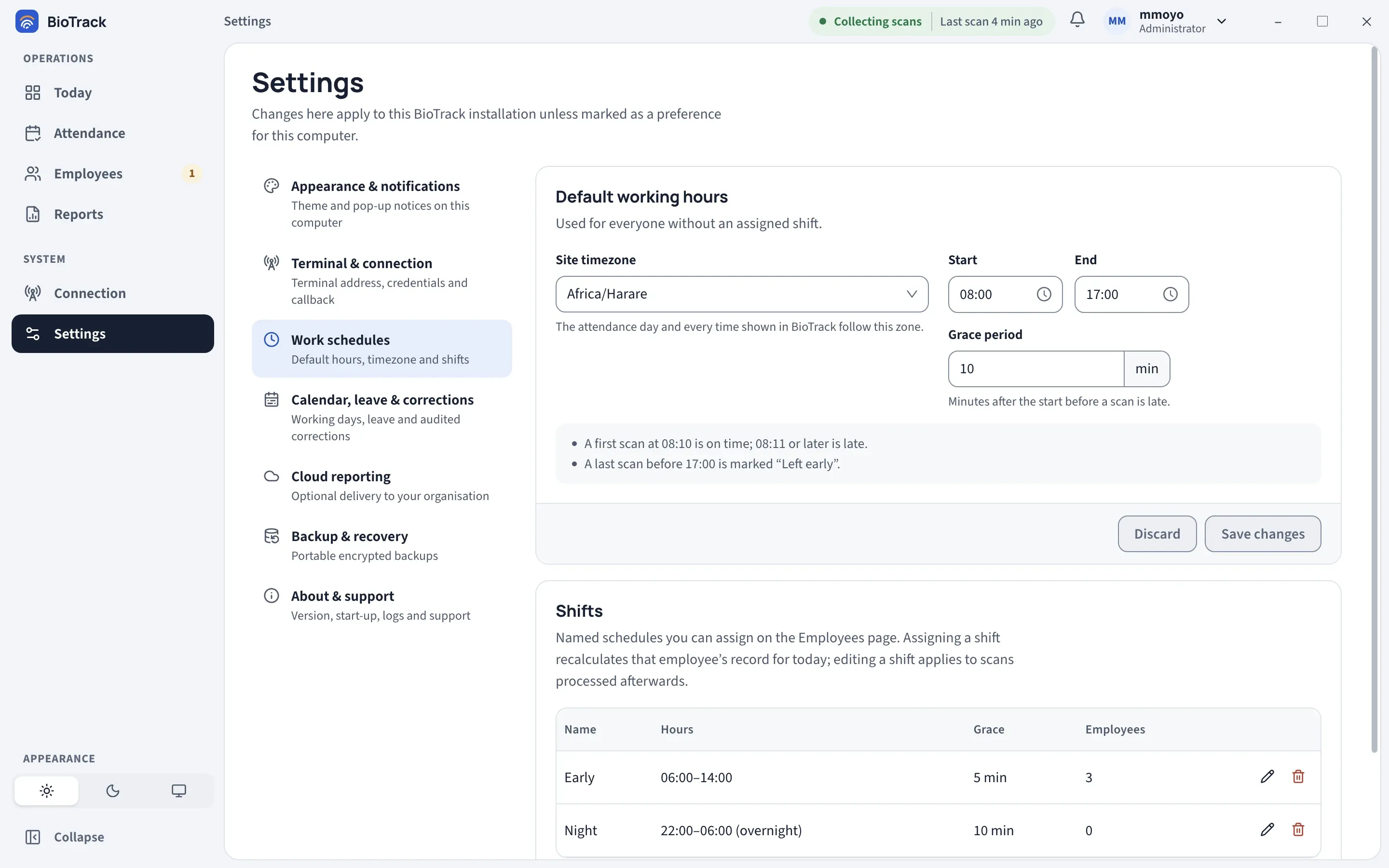 Settings, Work schedules: site timezone, start and end times, a 10-minute grace period with plain-language examples, and a list of shifts.
