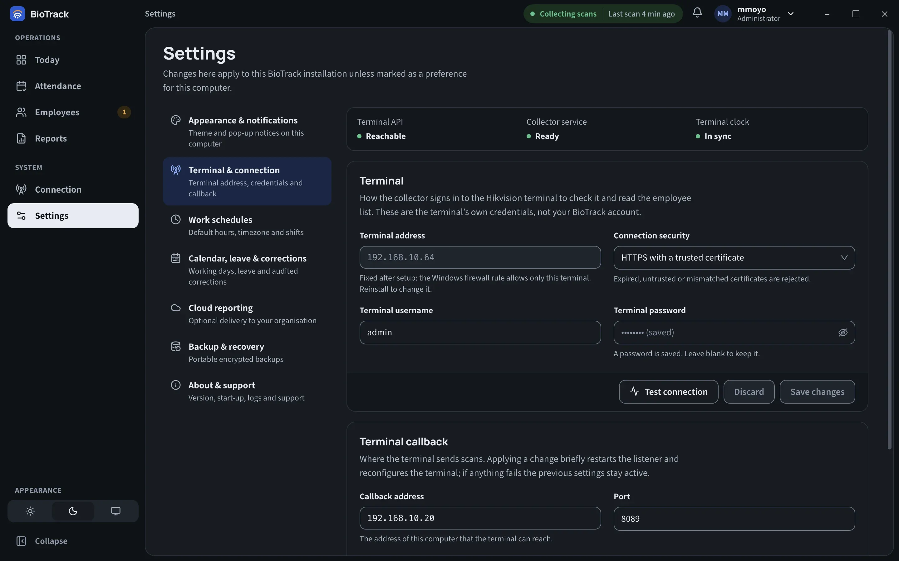 Terminal and connection settings: a live status strip for Terminal API, Collector service and Terminal clock, the Terminal form with address, connection security, username and password, and the start of the Terminal callback form.