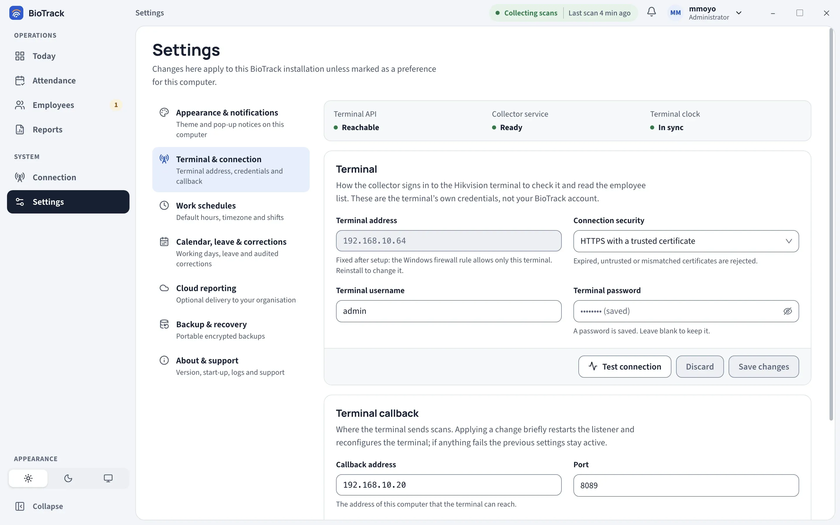 Terminal and connection settings: a live status strip for Terminal API, Collector service and Terminal clock, the Terminal form with address, connection security, username and password, and the start of the Terminal callback form.