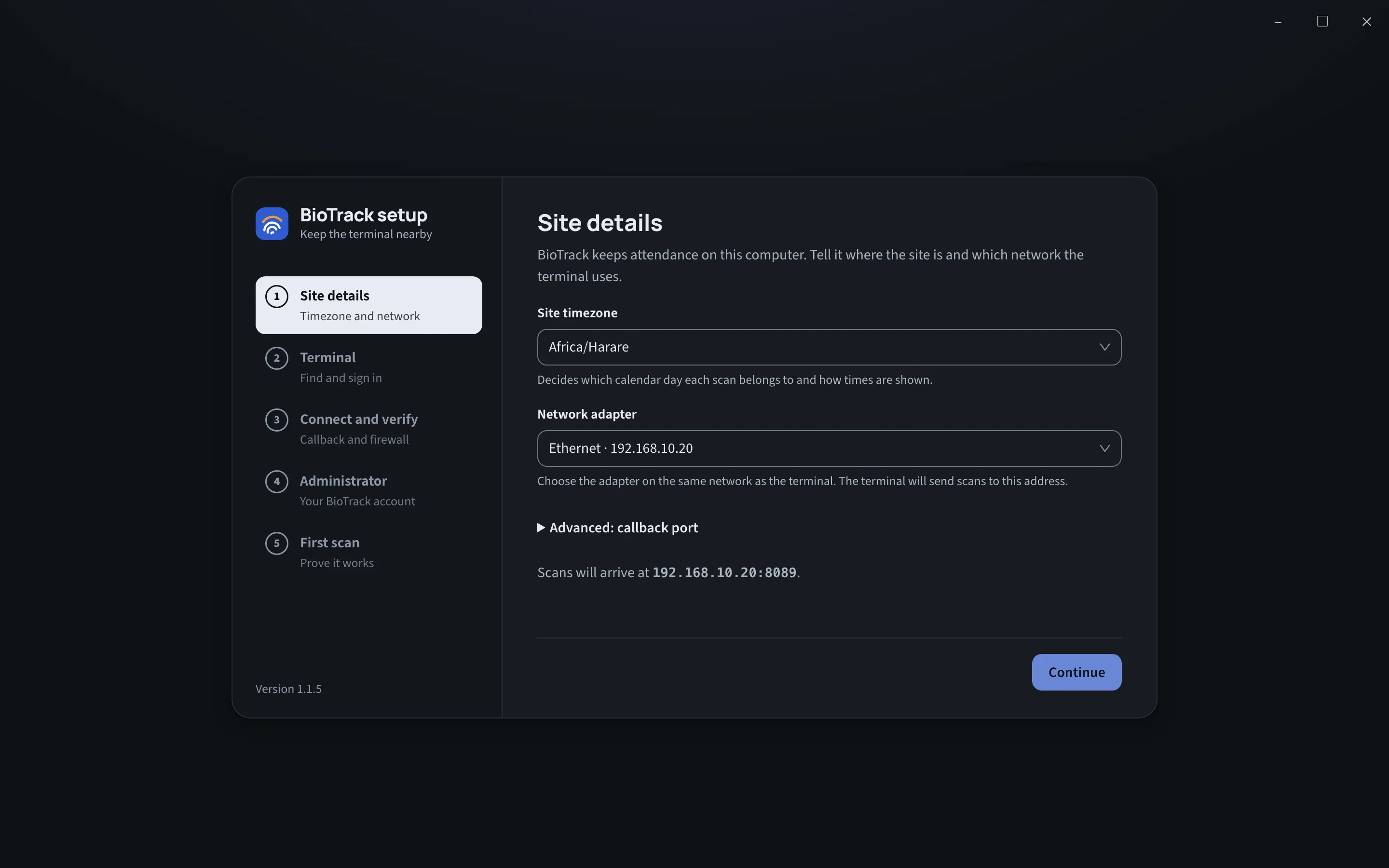 The BioTrack setup wizard on its first step, Site details, with the five steps listed on the left and fields for site timezone and network adapter.