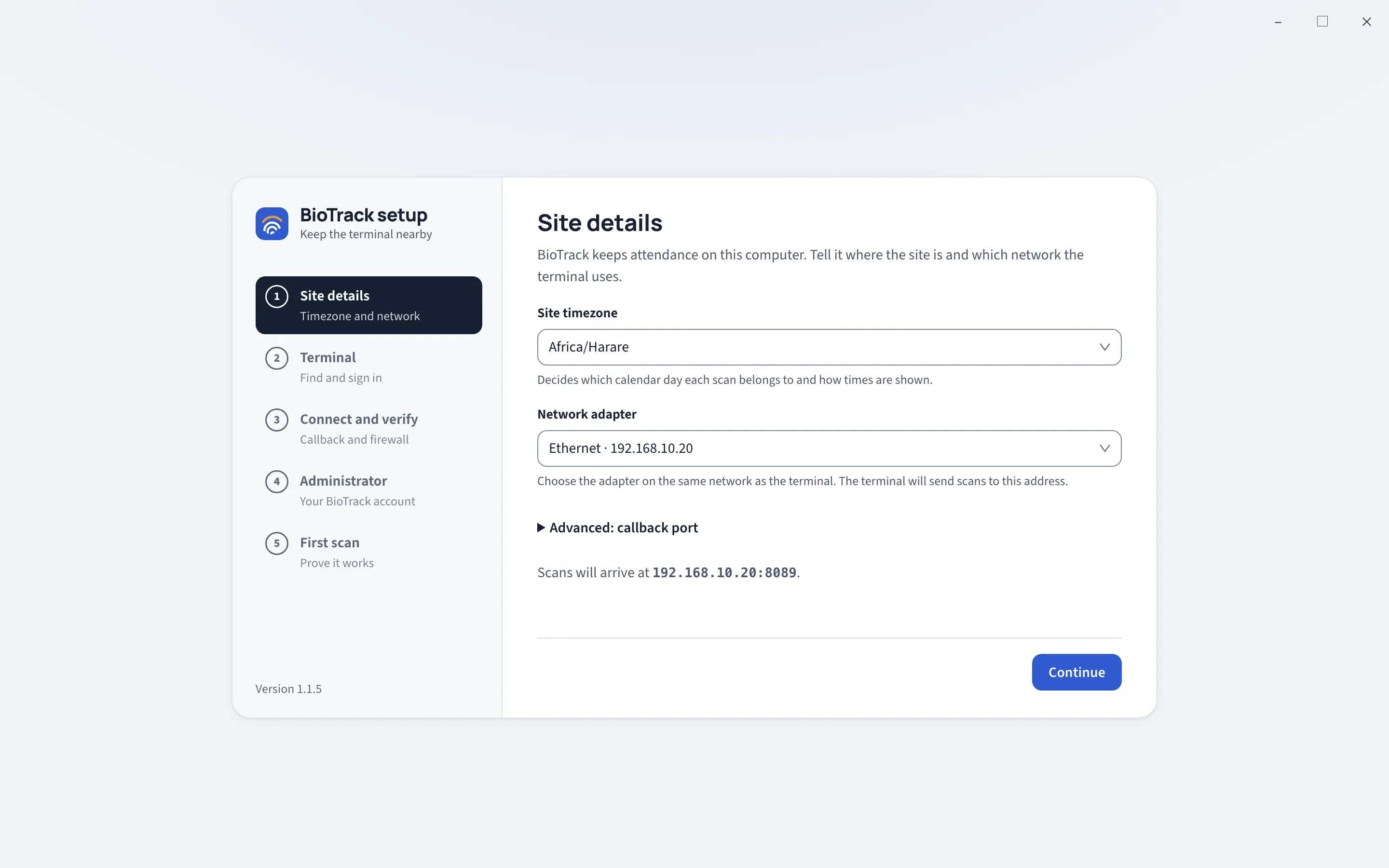 The BioTrack setup wizard on its first step, Site details, with the five steps listed on the left and fields for site timezone and network adapter.