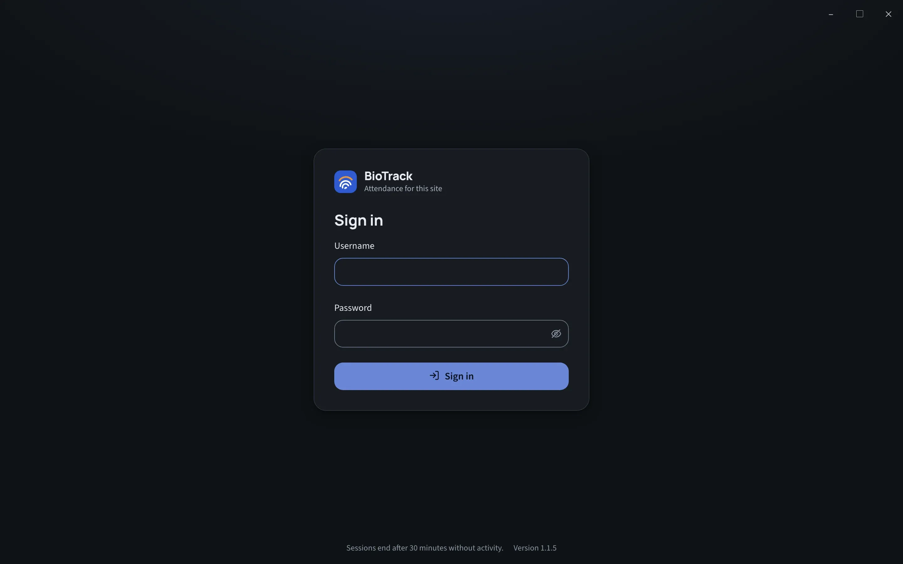 The BioTrack sign-in screen with Username and Password fields and a Sign in button.