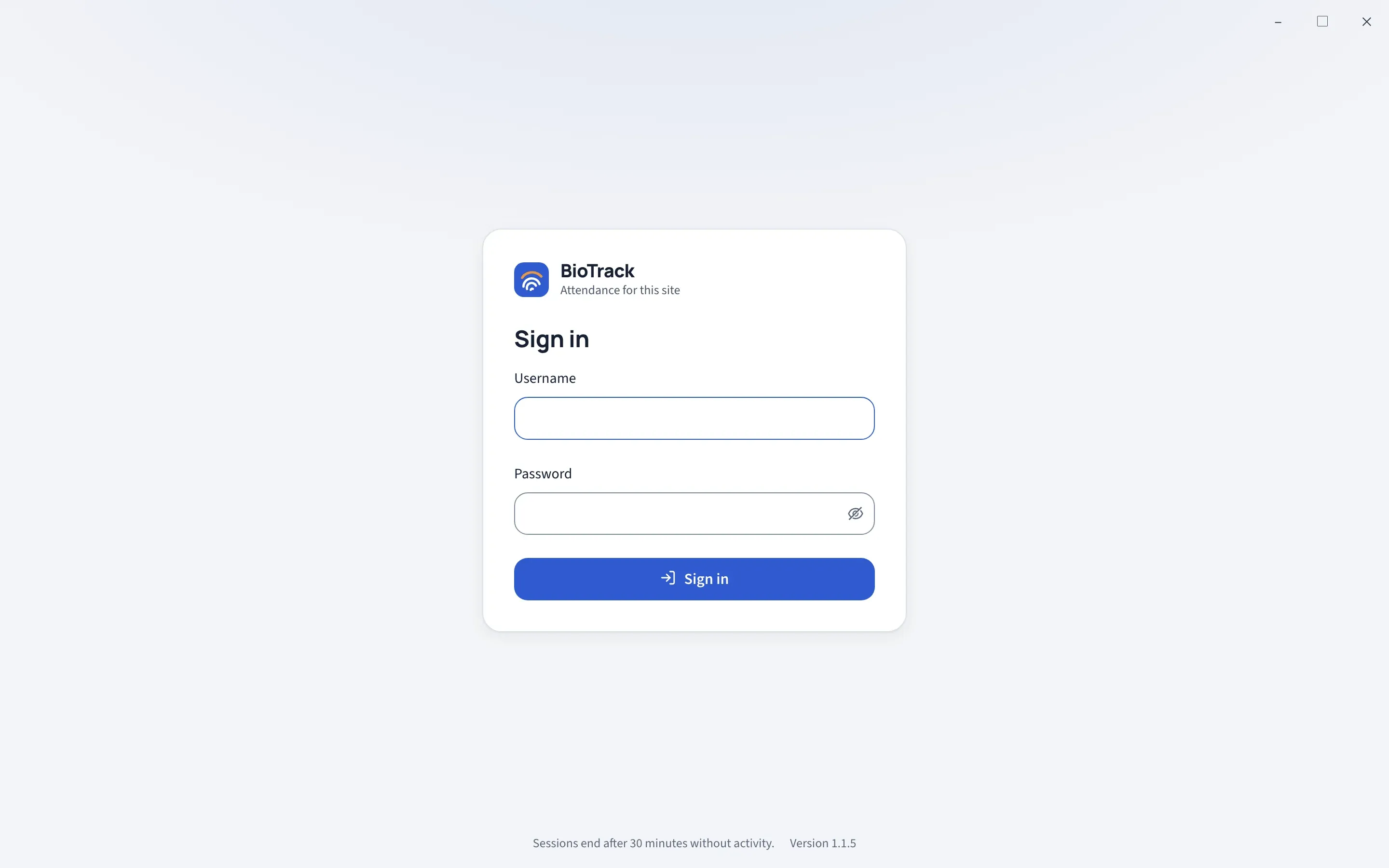The BioTrack sign-in screen with Username and Password fields and a Sign in button.