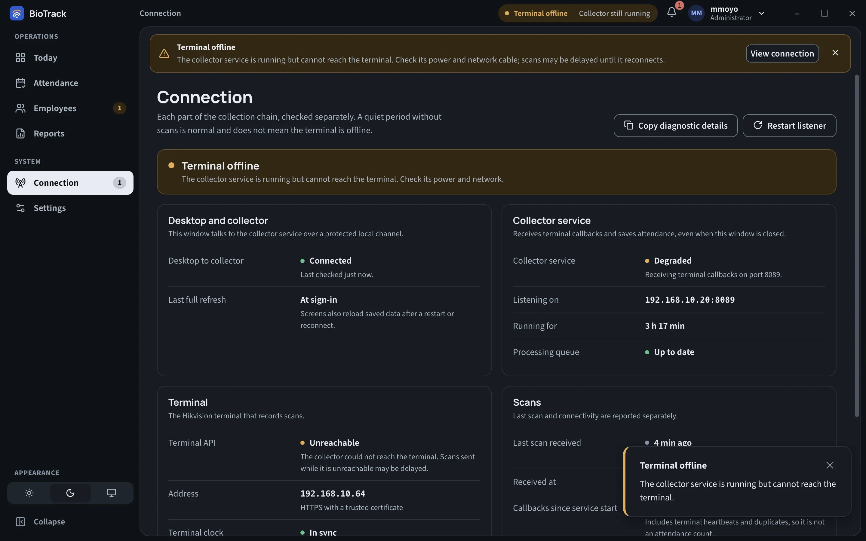 The Connection page showing Terminal offline: the collector service is Degraded, the Terminal API is Unreachable, and a banner says to check the terminal's power and network cable.