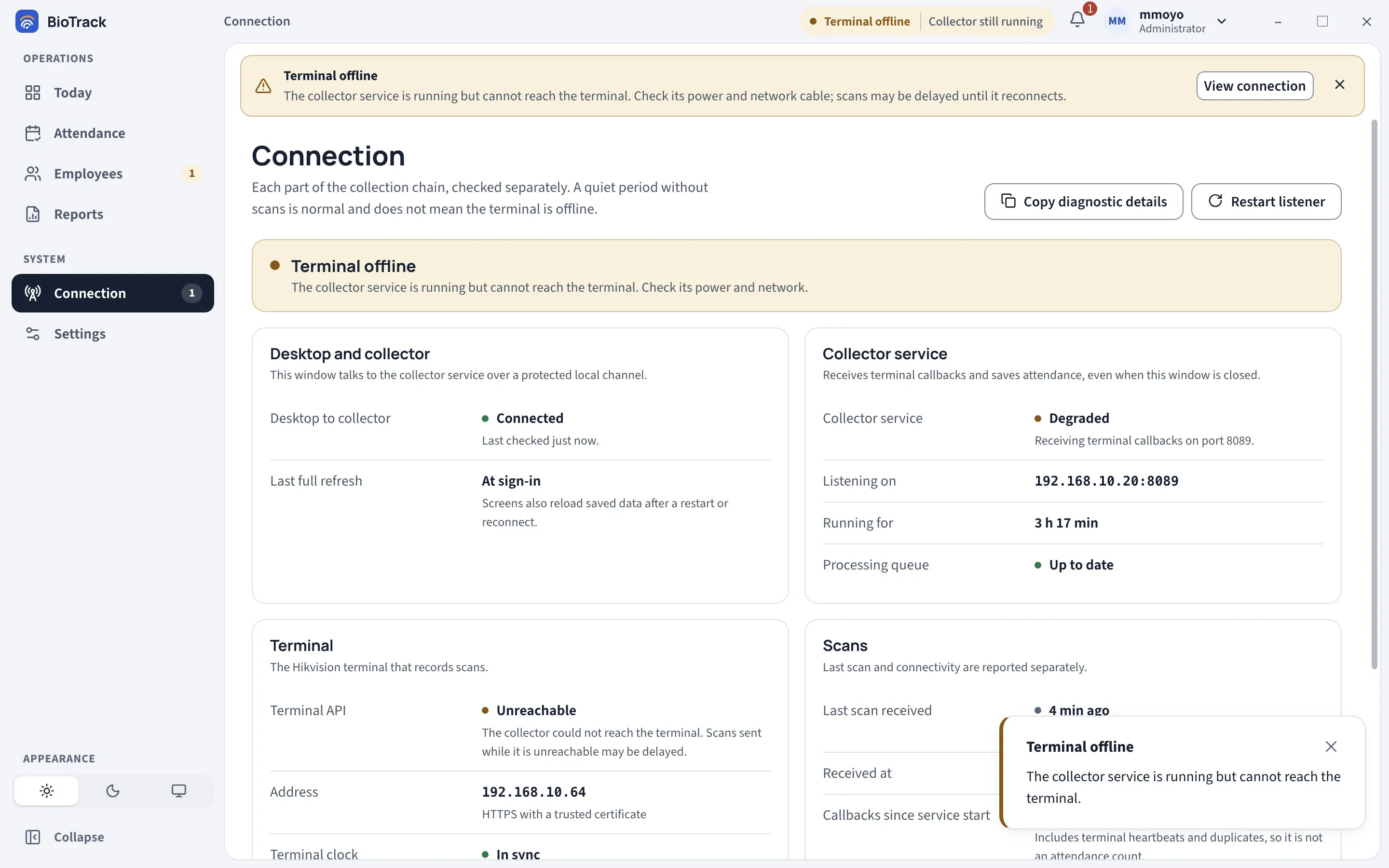 The Connection page showing Terminal offline: the collector service is Degraded, the Terminal API is Unreachable, and a banner says to check the terminal's power and network cable.