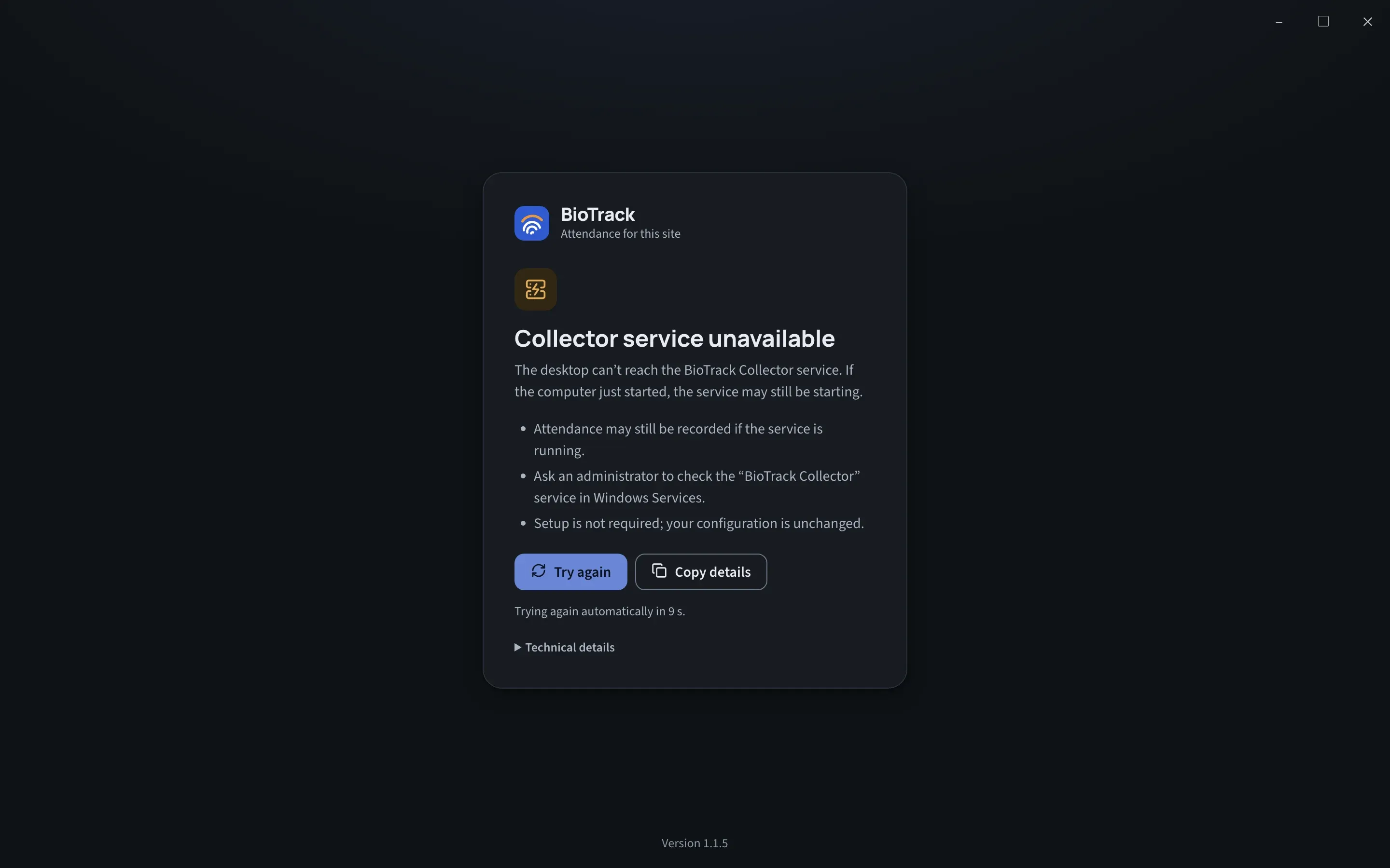 The Collector service unavailable screen with Try again and Copy details buttons and a countdown to the next automatic attempt.