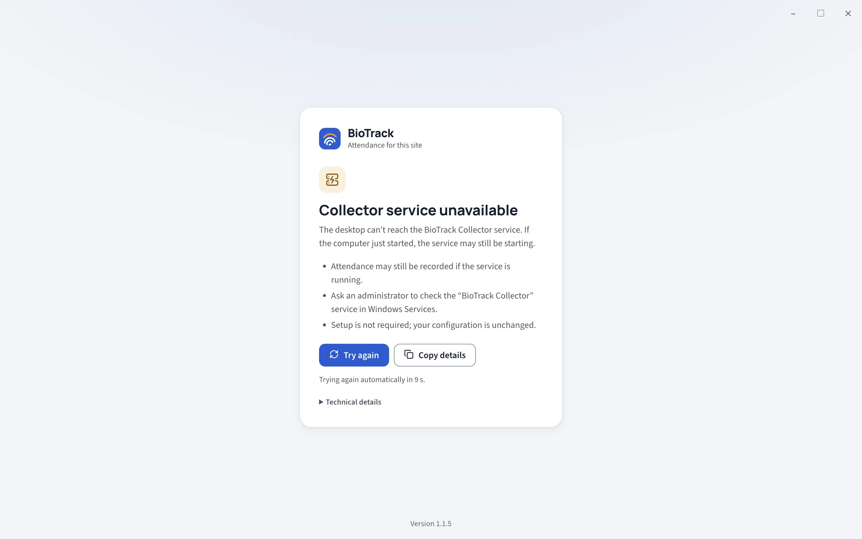 The Collector service unavailable screen with Try again and Copy details buttons and a countdown to the next automatic attempt.